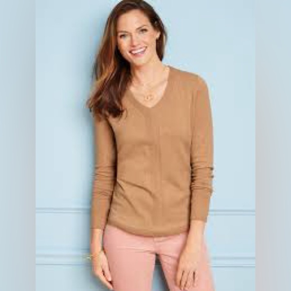 Talbots camel cotton modal blend v-neck ribbed accent sweater, medium.